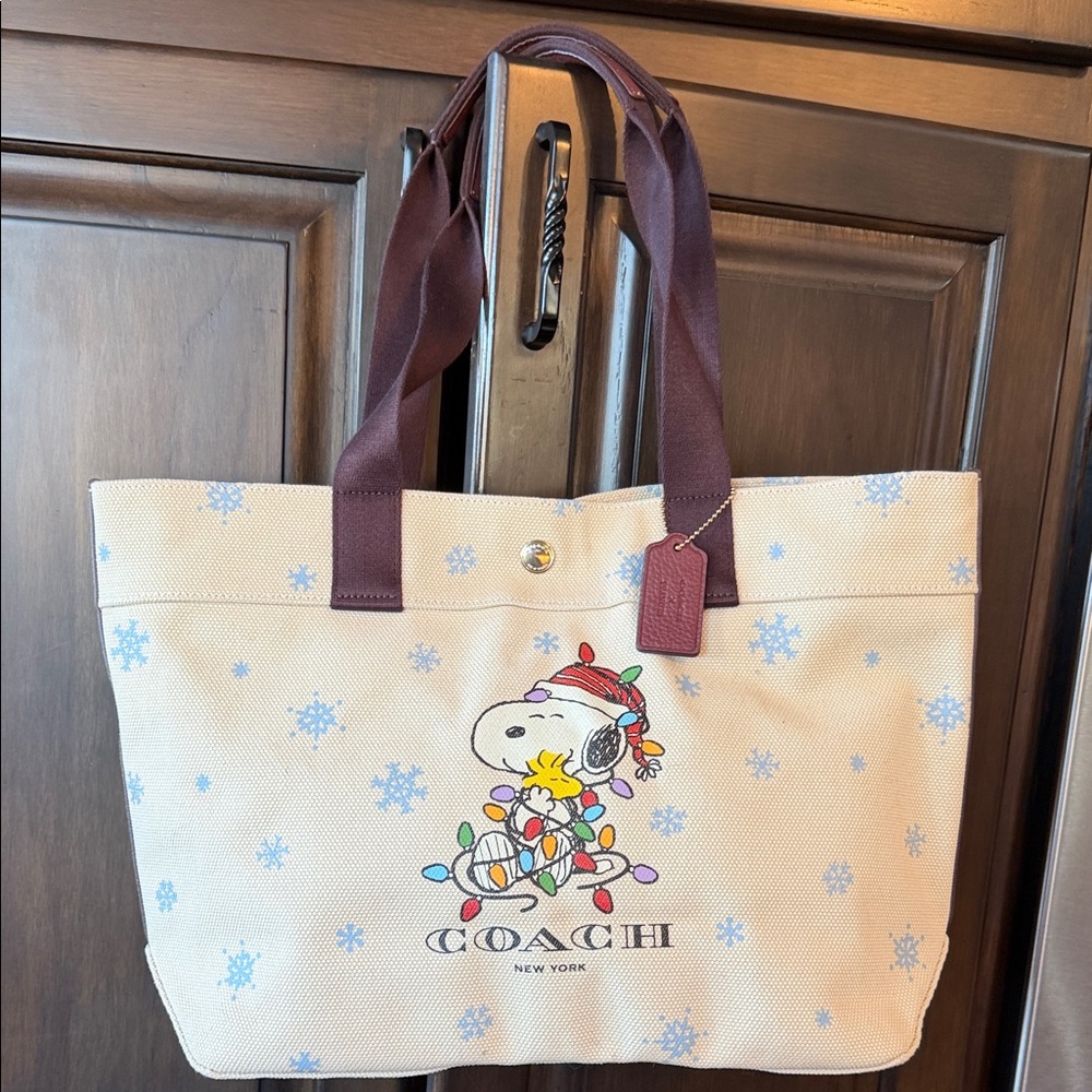Coach Beige Tote with Snoopy and Blue Snowflakes
